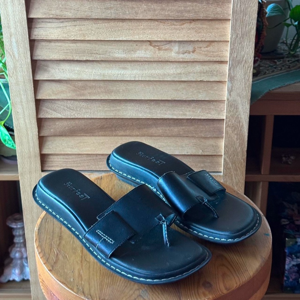 Black Leather Vintage Slide Sandals, Minimalist Boho Style